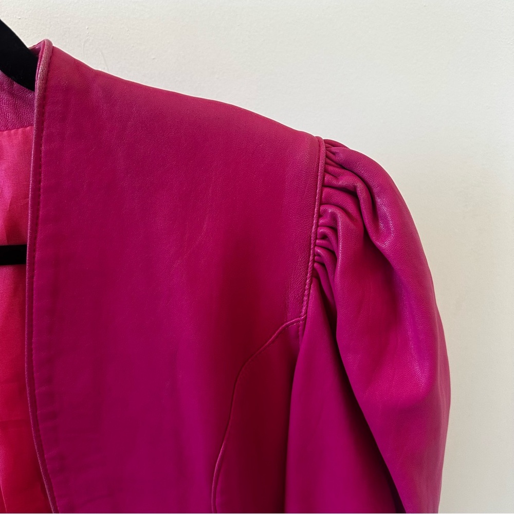 Hot Pink Vintage Lambskin Leather Cropped Jacket | Puff Sleeve Bolero | M - Picture 3 of 8